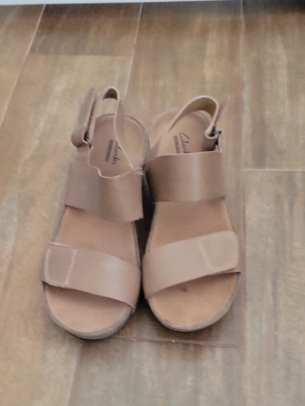 Clarks Tan Leather Wedge Slingback Sandals with Wide Straps